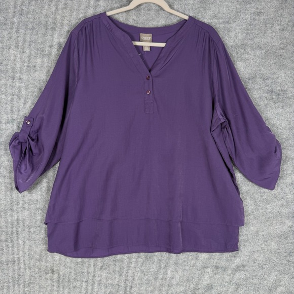 Chico's Tops - Chico's Size-3 (XL) Top Purple Henley Blouse Roll Tab Sleeve Layered Hem
